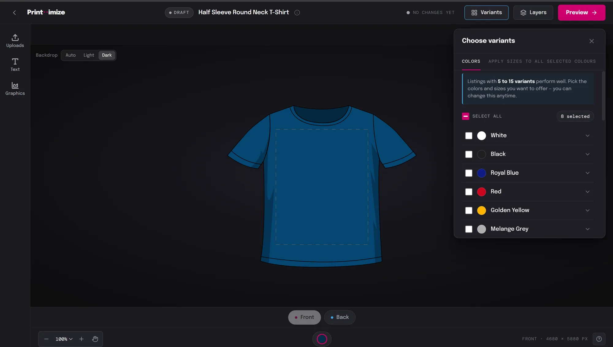 Printimize editor preview with product variants